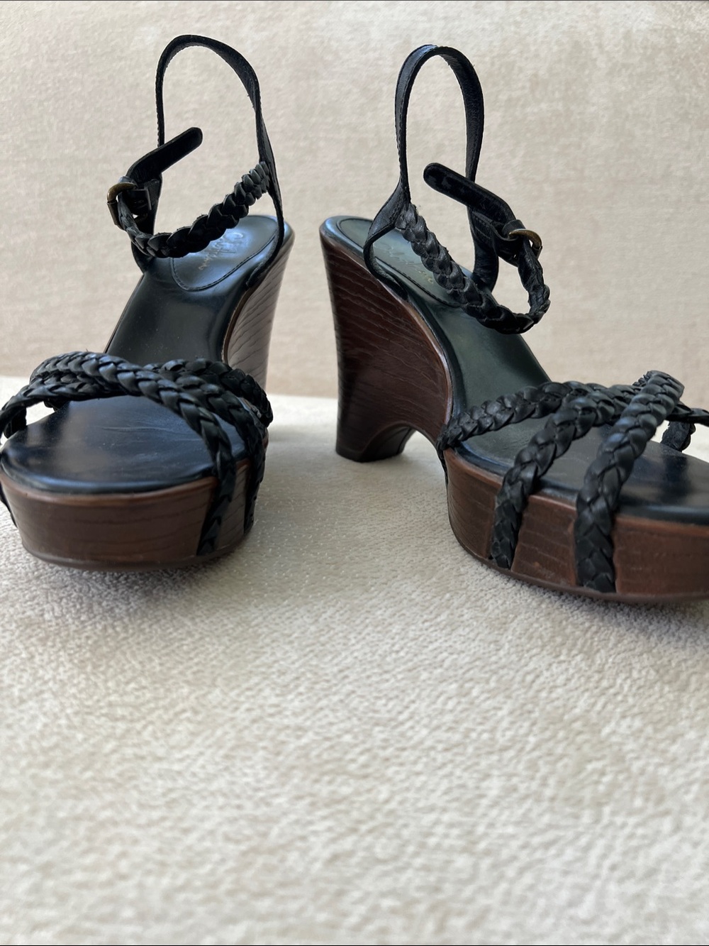 Cole Haan Black Braided Leather Wedge Sandals with Brown Wood-Effect Platform